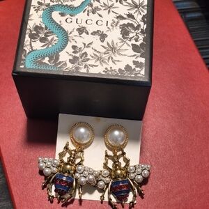 Gold and Pearl Bee Earrings with Red and Blue Accents